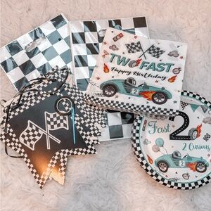 Race Car Birthday Party Supplies Set - Black and White Two Fast